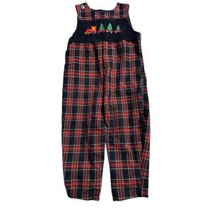 Starting Out Kids 24M Plaid Train Trees Overalls Jumpsuit Christmas Holiday